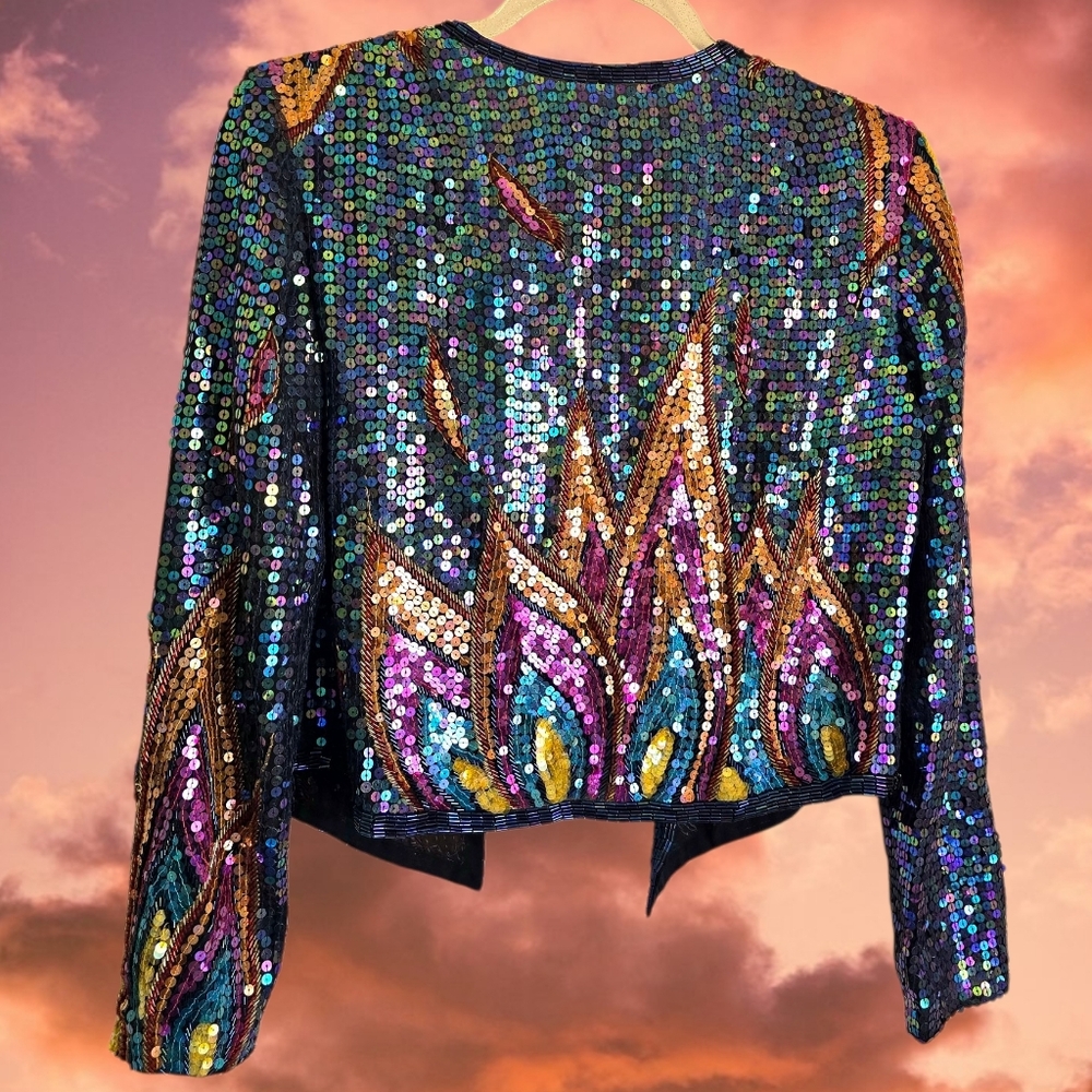 ❤️‍🔥1970's Fire & Flames Sequined Bolero Cropped Evening Jacket By JACK BRYAN🔥 - Picture 2 of 16